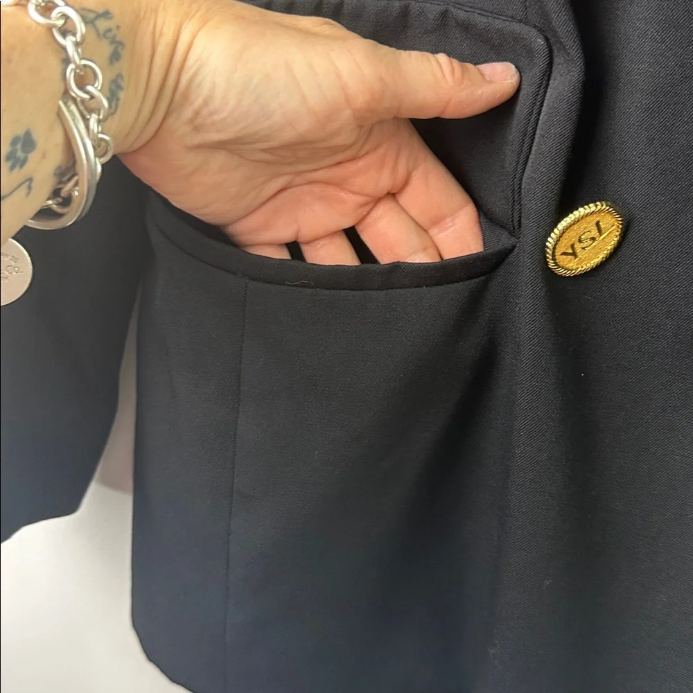 Vintage 80’s Yves Saint Laurent Black Wool Blazer Gold YSL Buttons Size 6 France - Picture 8 of 16